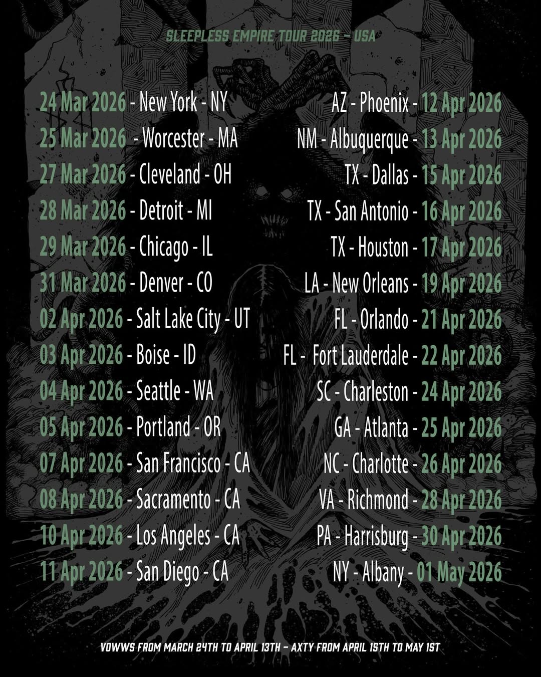 Lacuna Coil Sleepless Empire Tour Poster 2026